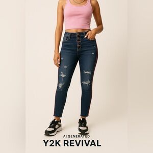 Y2K High Rise Skinny Jeans w/ Button Fly & Red Side Piping – Size 18 – Raw Hem